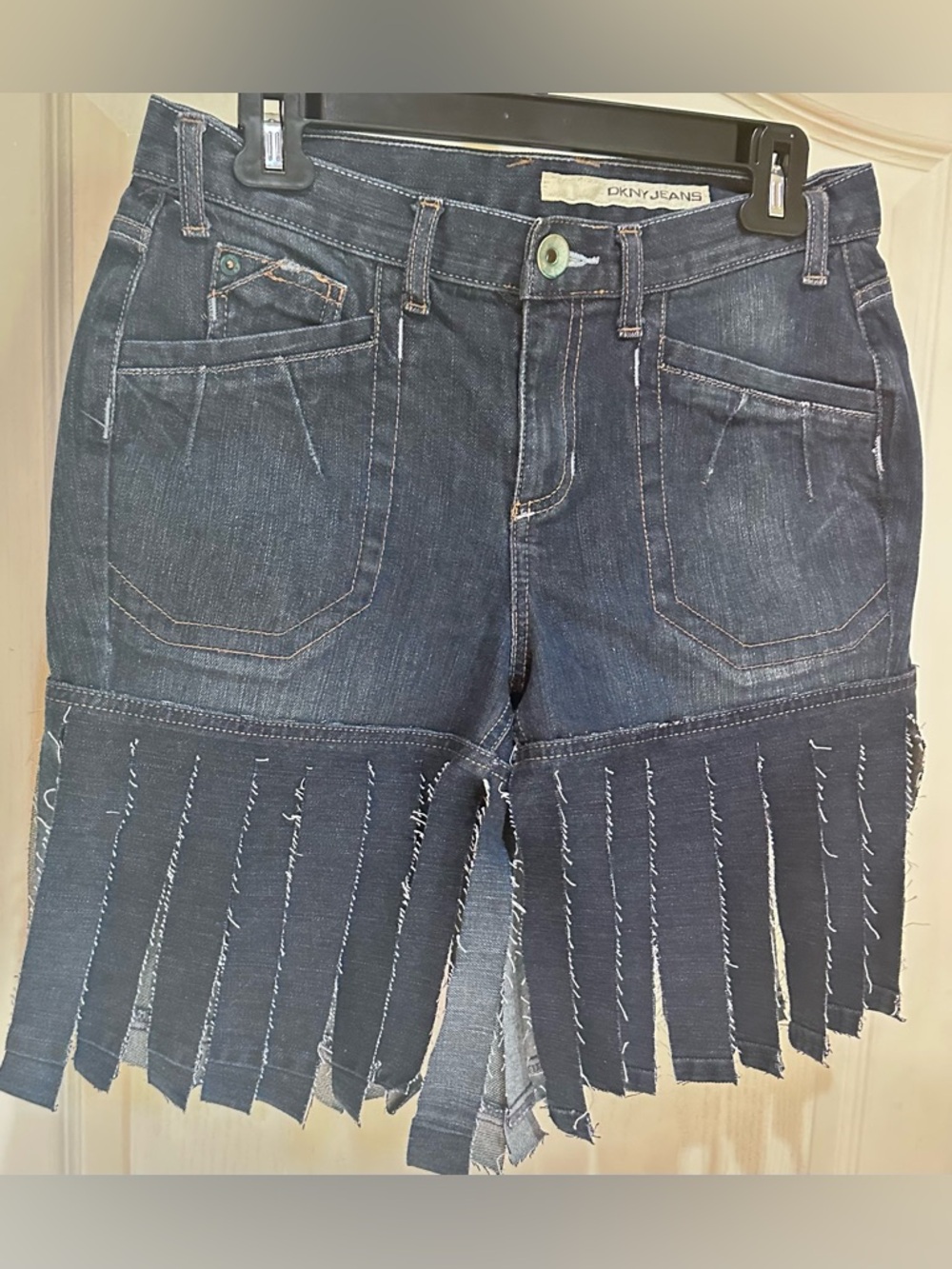 Upcycled DKNY Jeans Dark Wash Fringed Denim Shorts size M - Picture 3 of 6